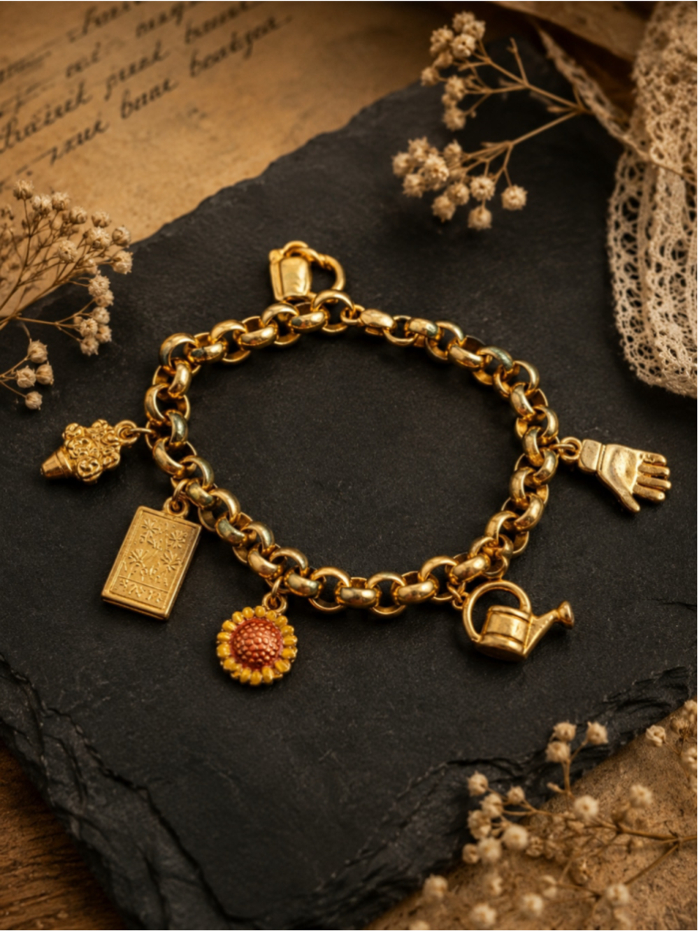 Vintage 1980s Gold Tone Gardening Charm Bracelet Garden Theme